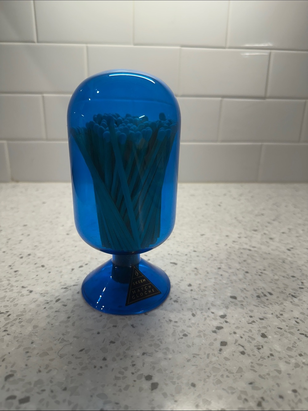 Blue Glass Matchstick Holder with Matches